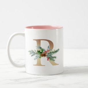 Gold Foil R Monogram Pine & Berry Christmas Zweifarbige Tasse