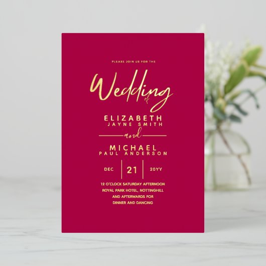 GOLD FOIL Raspberry Jam Modern All-in-1 Wedding Folieneinladung (Stehend vorne)