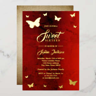 GOLD FOIL Red Butterfly Sweet 16 Party Folieneinladung