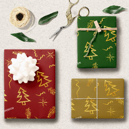 Gold Foil Red Green Weihnachtsbaum Muster Urlaub Geschenkpapier Set