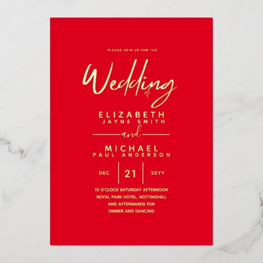 GOLD FOIL Red Modern All-in-1 Wedding Folieneinladung (Vorderseite)