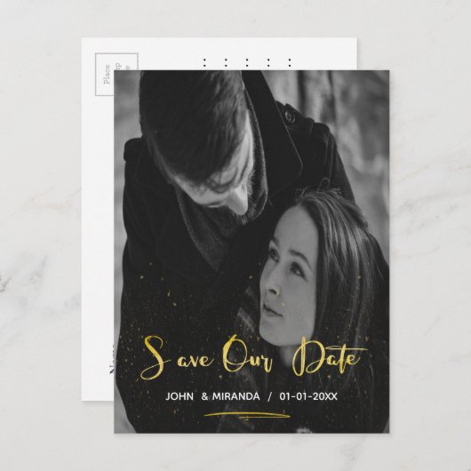 Gold Foil Rette unser Datums-Foto Ankündigungspostkarte (Vorne/Hinten)