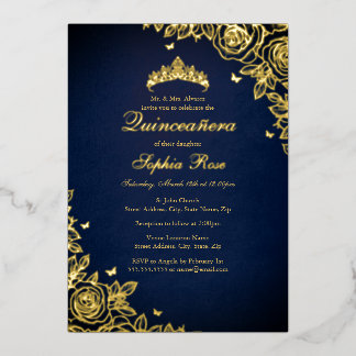 Gold Foil Rose Navy Quinceanera Geburtstag Folieneinladung