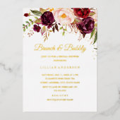 GOLD FOIL Roter Burgunder Blumenbrunch und Bubbly Folieneinladung (Vorderseite)