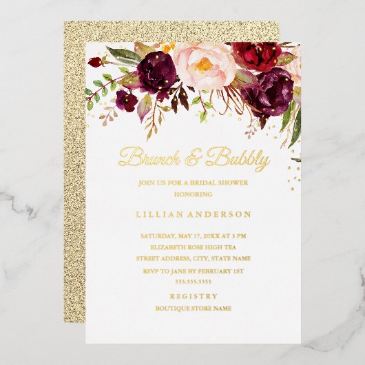 GOLD FOIL Roter Burgunder Blumenbrunch und Bubbly Folieneinladung (Vorderseite/Rückseite)