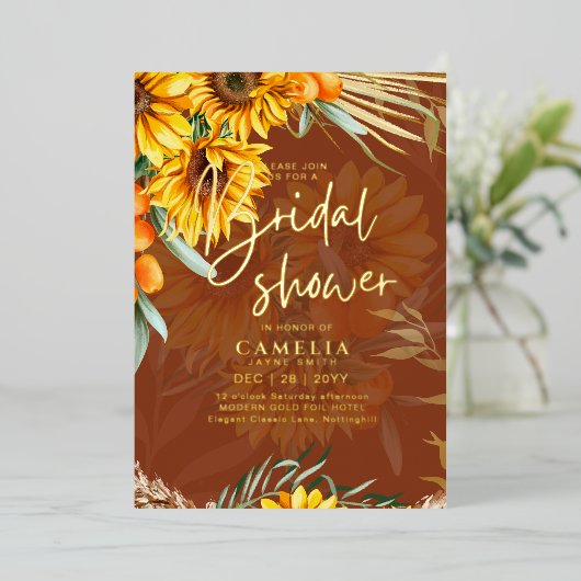 GOLD FOIL Rustikale Sonnenblumen BRAUTPARTY QR Cod Folieneinladung (Stehend vorne)