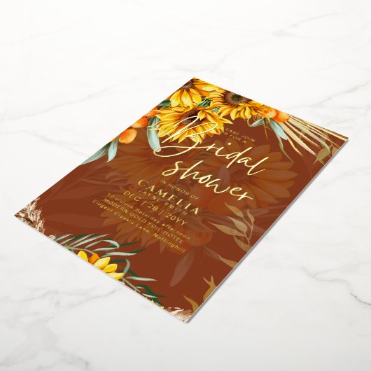 GOLD FOIL Rustikale Sonnenblumen BRAUTPARTY QR Cod Folieneinladung (Gedreht)