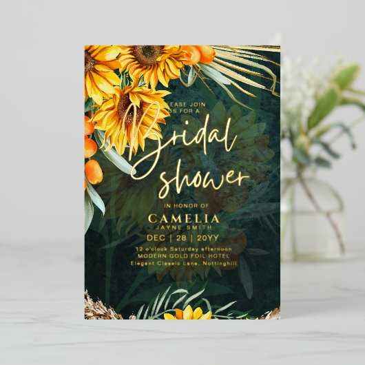 GOLD FOIL Rustikale Sonnenblumen BRAUTPARTY QR Cod Folieneinladung (Stehend vorne)