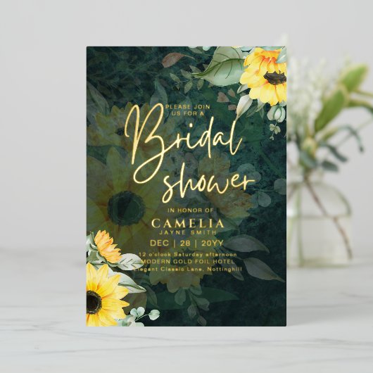 GOLD FOIL Rustikale Sonnenblumen BRAUTPARTY QR Cod Folieneinladung (Stehend vorne)