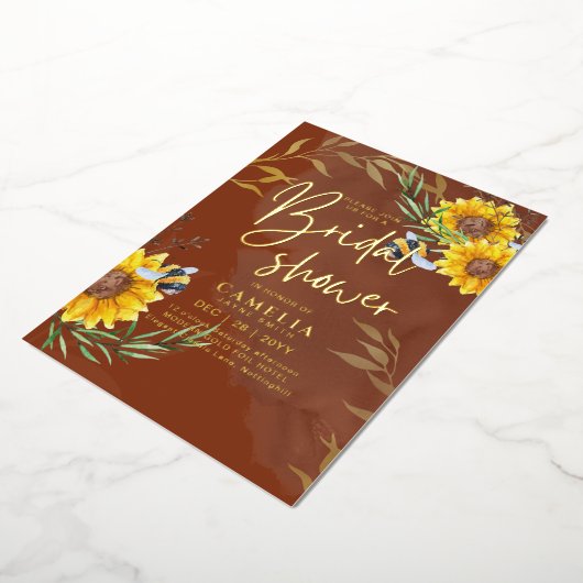 GOLD FOIL Rustikale Sonnenblumen BRAUTPARTY QR Cod Folieneinladung (Gedreht)