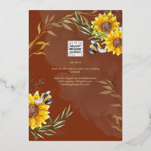 GOLD FOIL Rustikale Sonnenblumen BRAUTPARTY QR Cod Folieneinladung (Rückseite)