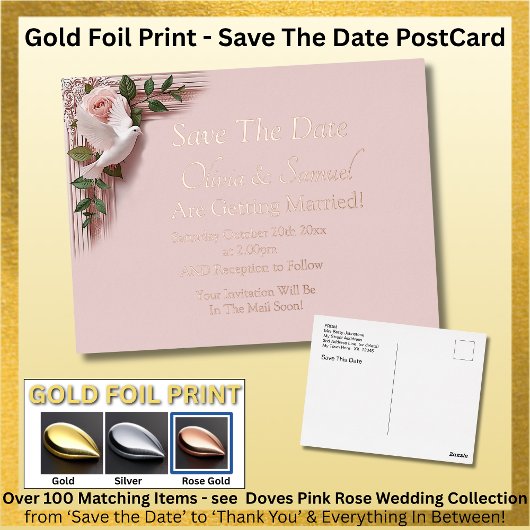 Gold Foil Save The Date Pink Roses Doves Postcard Folie Einladungspostkarte