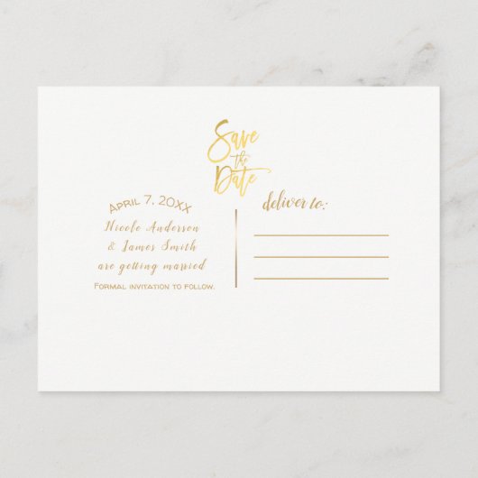 Gold Foil Schwarz Modern Script Save the Date Ankündigungspostkarte (Rückseite)