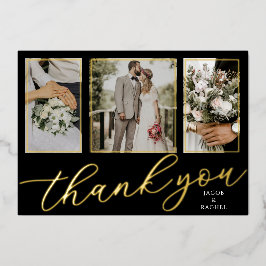 Gold Foil Script 3-Photo Wedding Thank You Card Folieneinladung