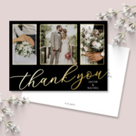 Gold Foil Script 3-Photo Wedding Thank You Card Folieneinladung
