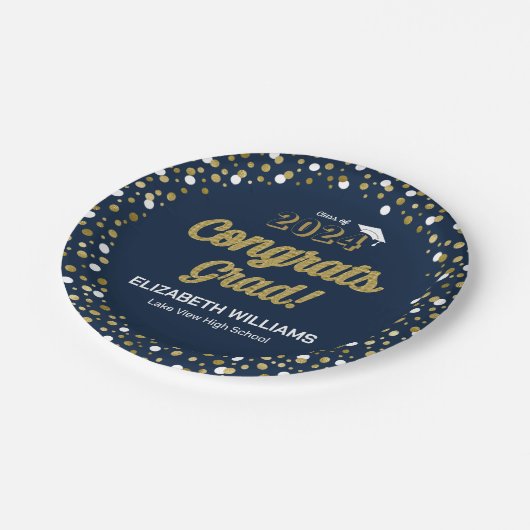 Gold Foil Script Confetti Glückwunschs Grad Blue Pappteller (Schrägansicht)
