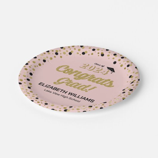 Gold Foil Script Confetti Glückwunschs Grad Pink P Pappteller (Schrägansicht)