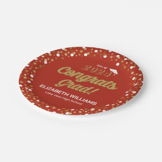 Gold Foil Script Confetti Glückwunschs Grad Red Pappteller (Schrägansicht)