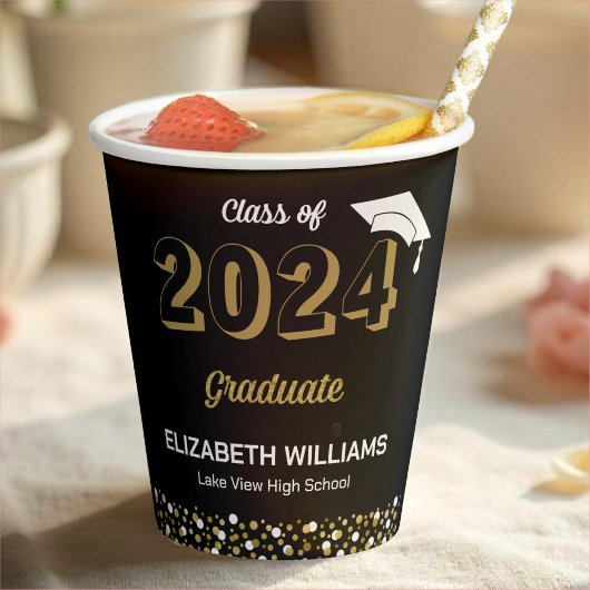 Gold Foil Script Confetti Graduation Party Black Pappbecher