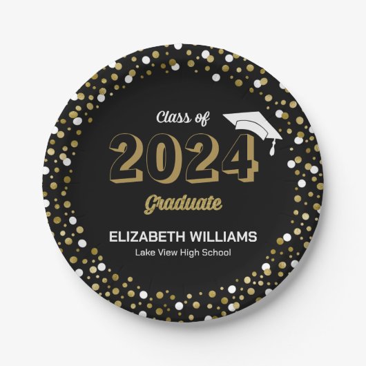Gold Foil Script Confetti Graduation Party Black Pappteller (Vorderseite)