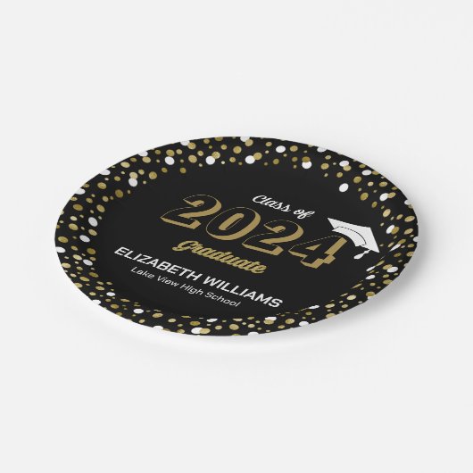 Gold Foil Script Confetti Graduation Party Black Pappteller (Schrägansicht)