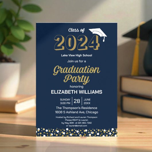 Gold Foil Script Confetti Graduation Party Blue Einladung