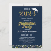 Gold Foil Script Confetti Graduation Party Blue Einladung (Vorderseite)