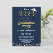 Gold Foil Script Confetti Graduation Party Blue Einladung (Stehend Vorderseite)
