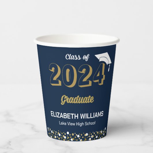 Gold Foil Script Confetti Graduation Party Blue Pappbecher (Rückseite)