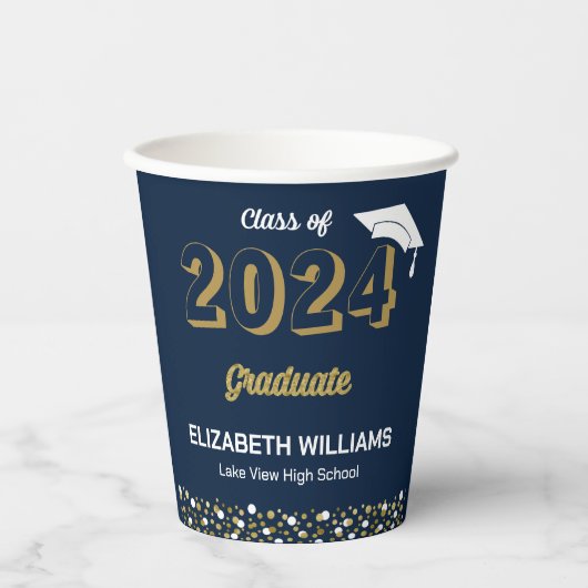 Gold Foil Script Confetti Graduation Party Blue Pappbecher (Vorderseite)