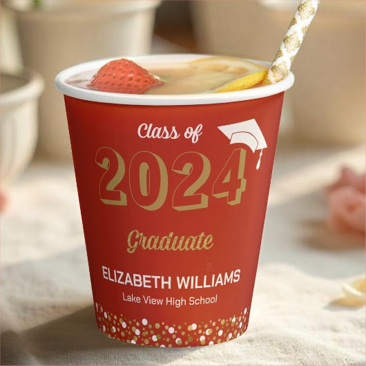 Gold Foil Script Confetti Graduation Party Red Pappbecher
