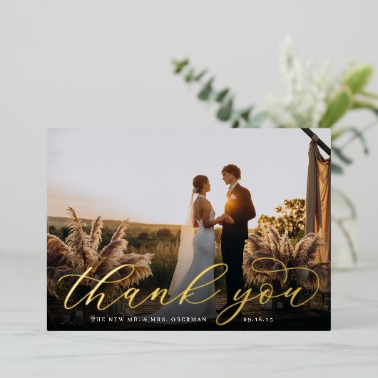 Gold Foil Script Wedding Foto Danke Karte (Stehend vorne)