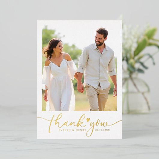 Gold Foil Script Wedding Foto Vielen Dank Karten (Stehend vorne)