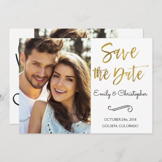 Gold Foil Script Wedding Save the Date Foto (Vorne/Hinten)