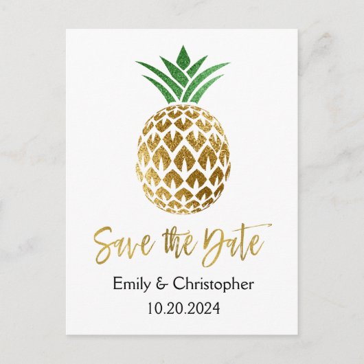 Gold Foil Script Wedding Save the Date Pineape Ankündigungspostkarte (Vorderseite)