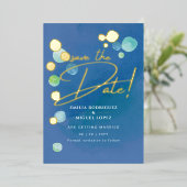 Gold Foil Sea Glass Aquamarin Blue Wedding Date Folieneinladung (Stehend vorne)