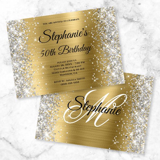 Gold Foil Silver Glitzer Monogram Birthday Einladung