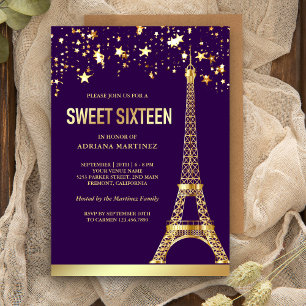 Gold Foil Stars Eiffel Tower Purple Sweet Sixteen Einladung