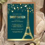 Gold Foil Stars Eiffelturm Aquamarin 16 . Geburtst Einladung<br><div class="desc">Erleben Sie Ihren Aufenthalt mit diesem eleganten Paris-Thema 16 . Geburtstag laden Sie ein mit Imitaten goldenen Goldfolie-Akzenten. Fügen Sie einfach Ihre Veranstaltungsdetails zu dieser einfach zu bedienenden Vorlage hinzu, um sie zu einer einmaligen Einladung zu machen. Dreh die Karte auf, um ein Imitat mit Goldfolie auf der Kartenrückseite zu...</div>