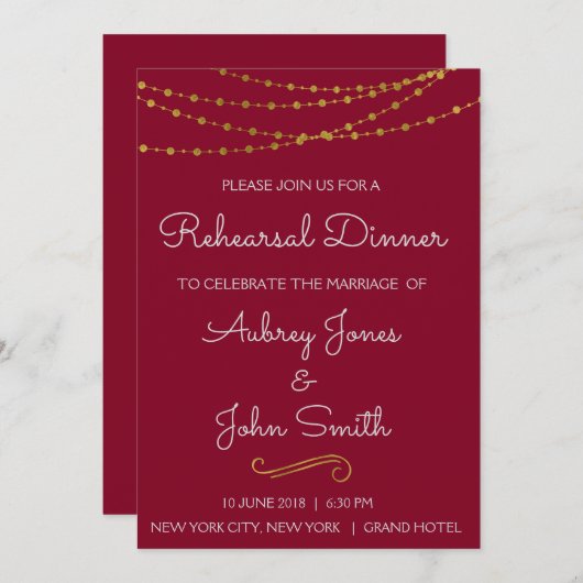 Gold Foil String Lights & Script Probe Dinner Einladung (Vorne/Hinten)