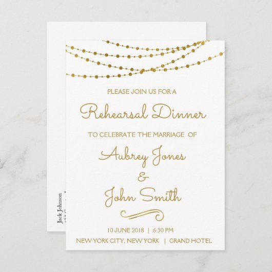 Gold Foil String Lights & Script Probe Dinner Einladungspostkarte (Vorne/Hinten)
