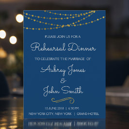 Gold Foil String Lights & Script Probe Dinner Einladungspostkarte