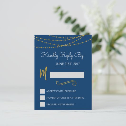 Gold Foil String Lights & Script UAWG Reply Card Einladungspostkarte (Stehend Vorderseite)