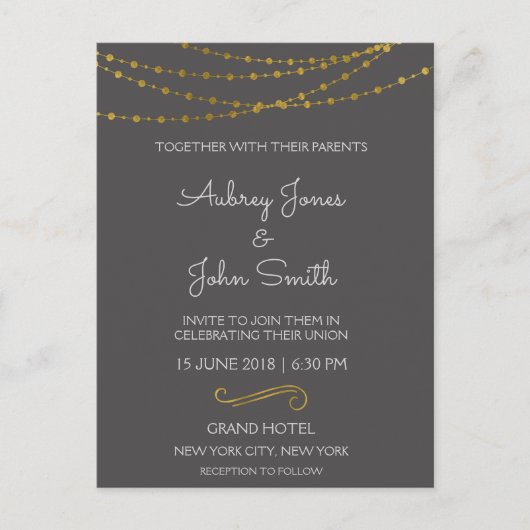 Gold Foil String Lights und Script Wedding Postkarte (Vorderseite)