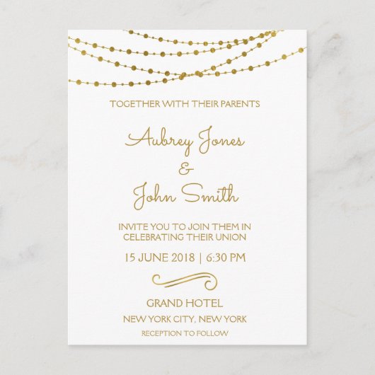 Gold Foil String Lights und Script Wedding Postkarte (Vorderseite)