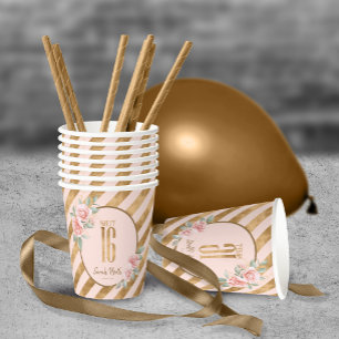 Gold Foil Stripes Floral Blush ID757 Paper Cups Pappbecher