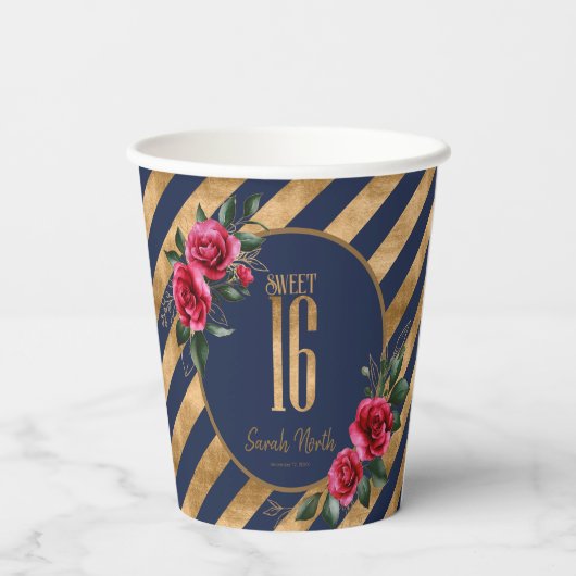 Gold Foil Stripes Floral Navy Blue ID757 Pappbecher (Rückseite)