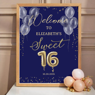 Gold Foil Sweet 16 Balloons Blue Begrüßungszeichen Poster