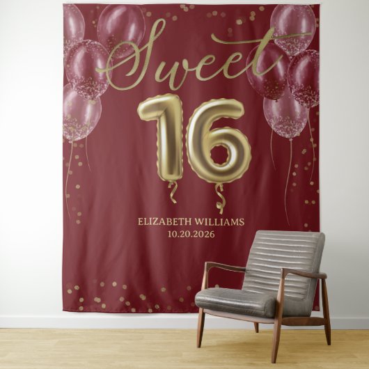 Gold Foil Sweet 16 Balloons Burgund Hintergrund Wandteppich (Beispiel)