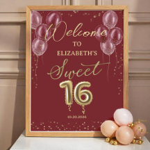 Gold Foil Sweet 16 Balloons Burgund Willkommenszei